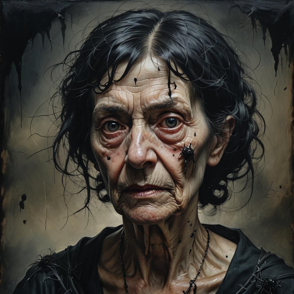 Eerie Surreal Portrait of Elderly Woman with Spiders