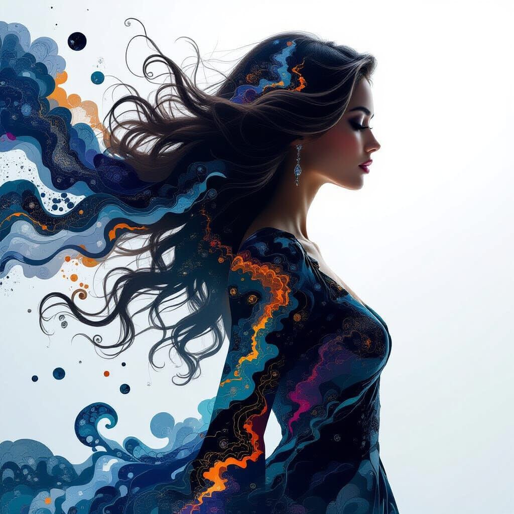 Surreal Bond Girl Silhouette with Obsidian and Fractal Color...