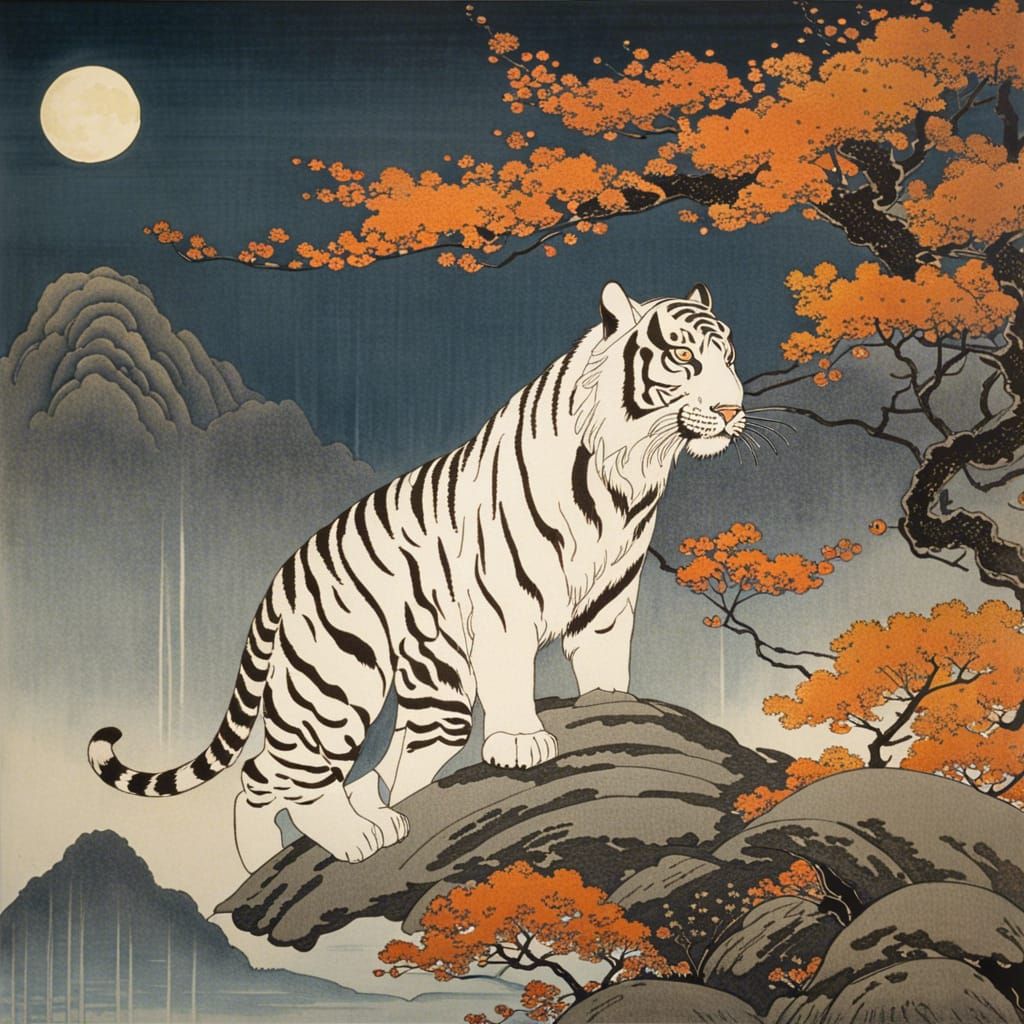 Flying White Tiger in Chinese Ink Painting Style