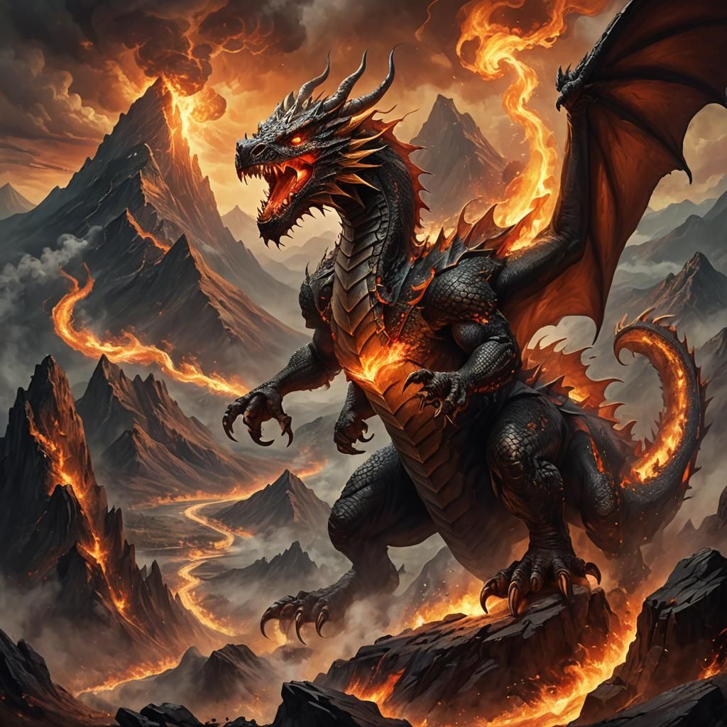 Fiery Dragon Soaring Over Dark Mountains, Oil Painting