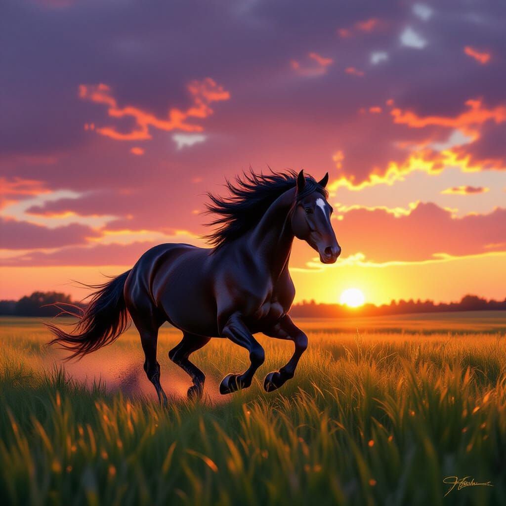 Majestic Black Stallion Gallops Through Golden Pasture