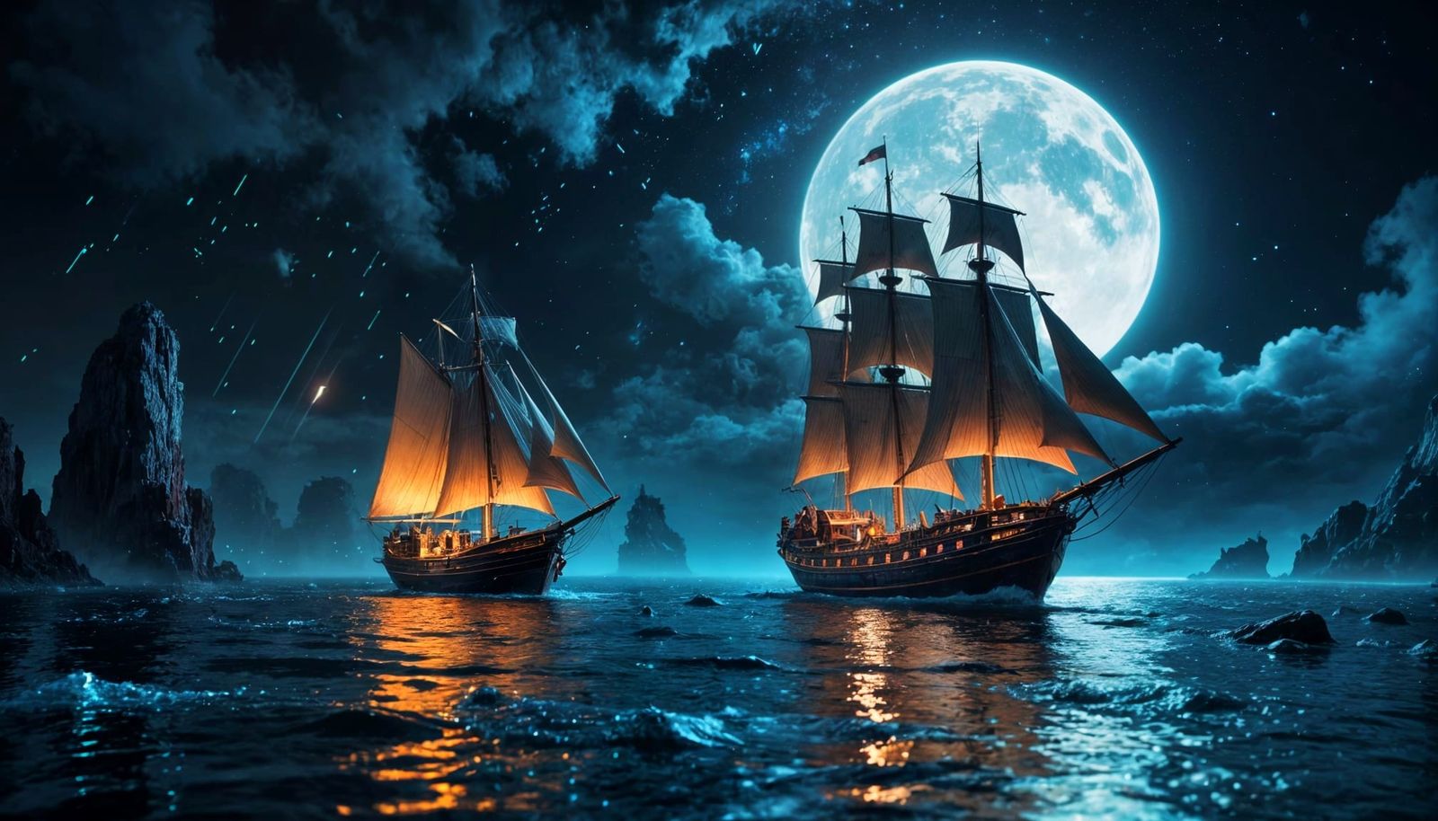 Ethereal Sailboat Under Midnight Meteor Shower