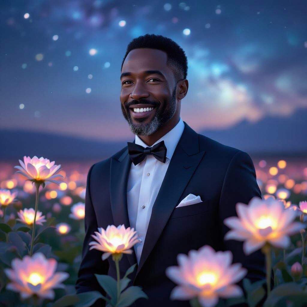 Distinguished Father in Modern Suit Amidst Alien Flowers
