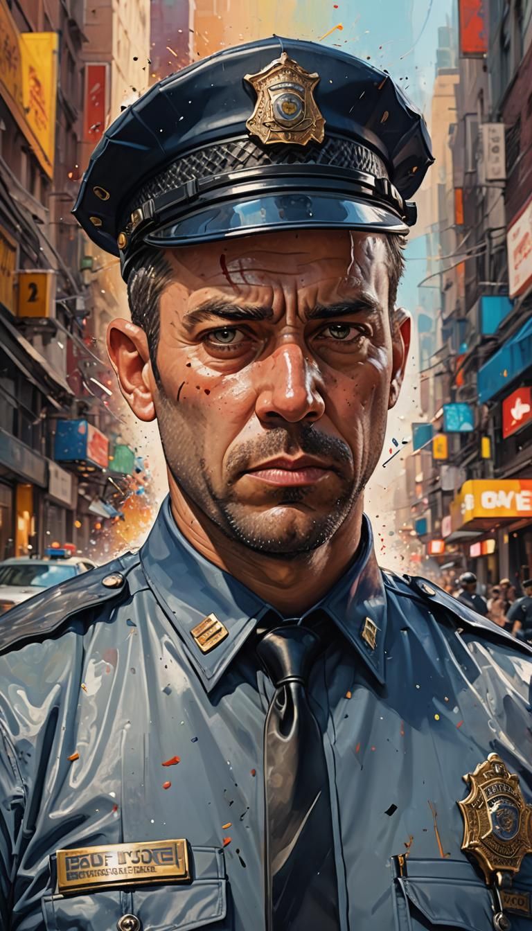 Intricately Detailed Hyperrealistic Policeman in Splash Art