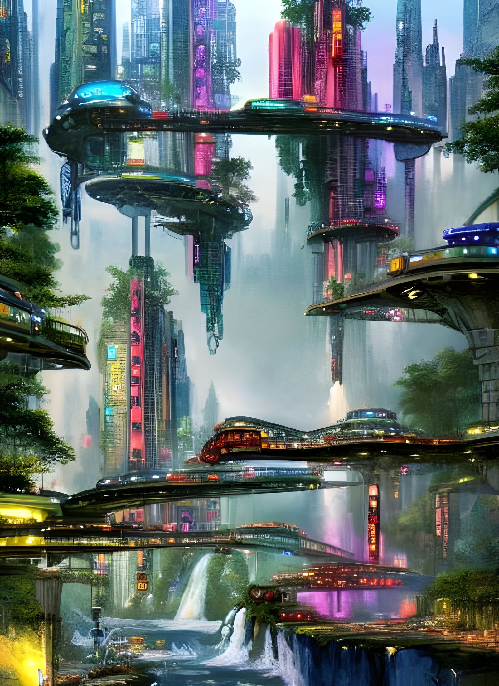 Cyberpunk City of 3025 with Floating Treehouses