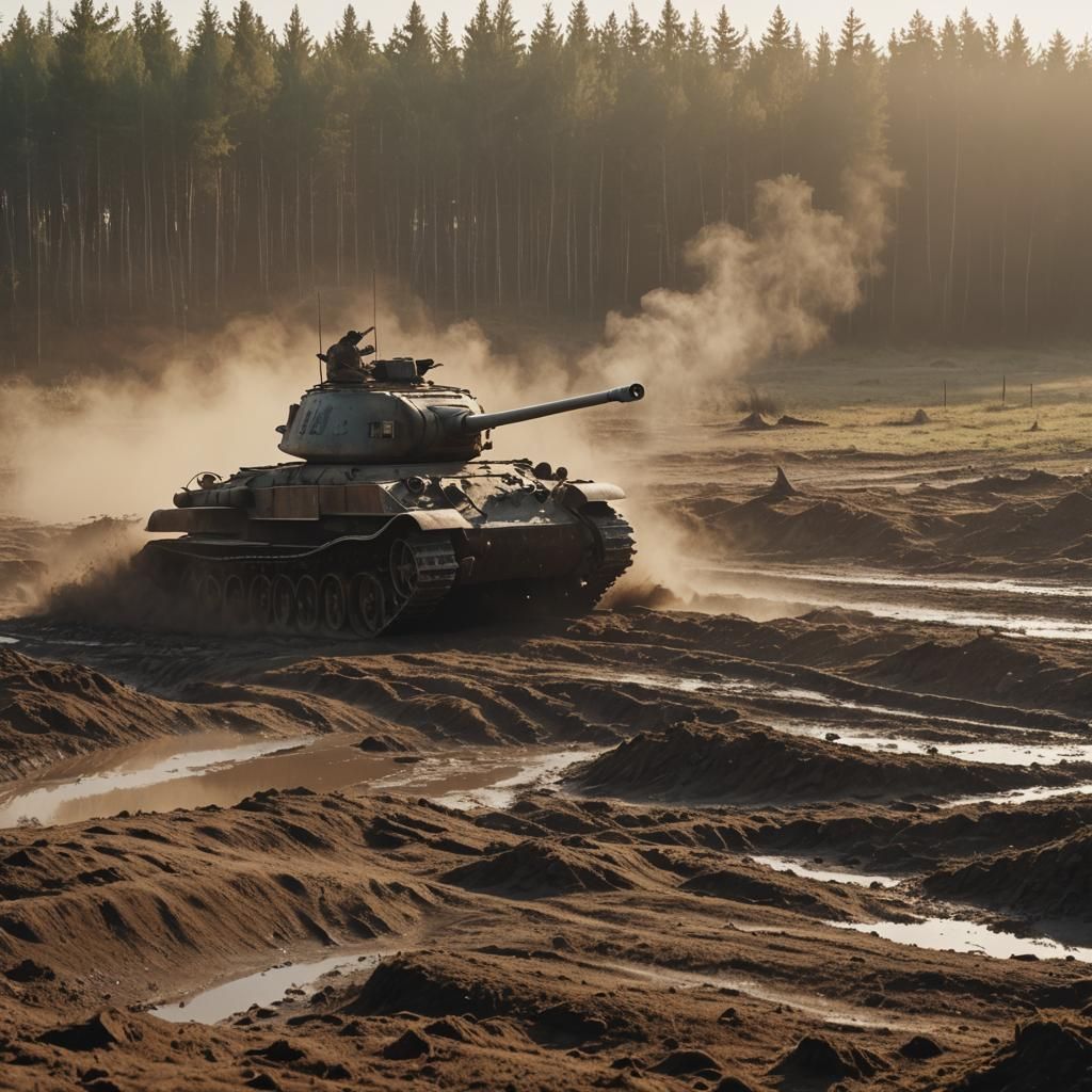 T-34-85 Tank in Golden Hour Sunlight
