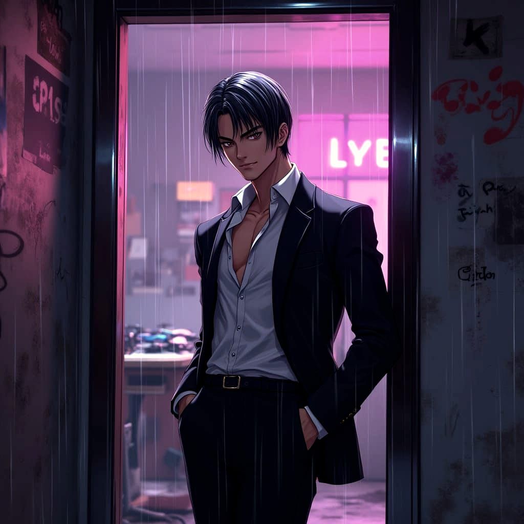Anime Man in Neon Noir Cyberpunk Scene