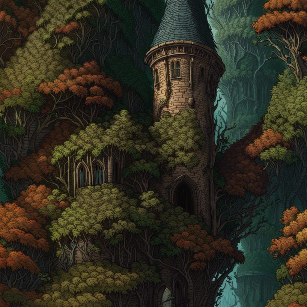 An engraving of a crooked, ivy-covered tower with a pointed roof