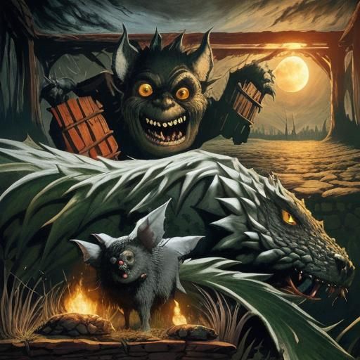 Dark Fantasy Creature Walks to Moon in Risograph