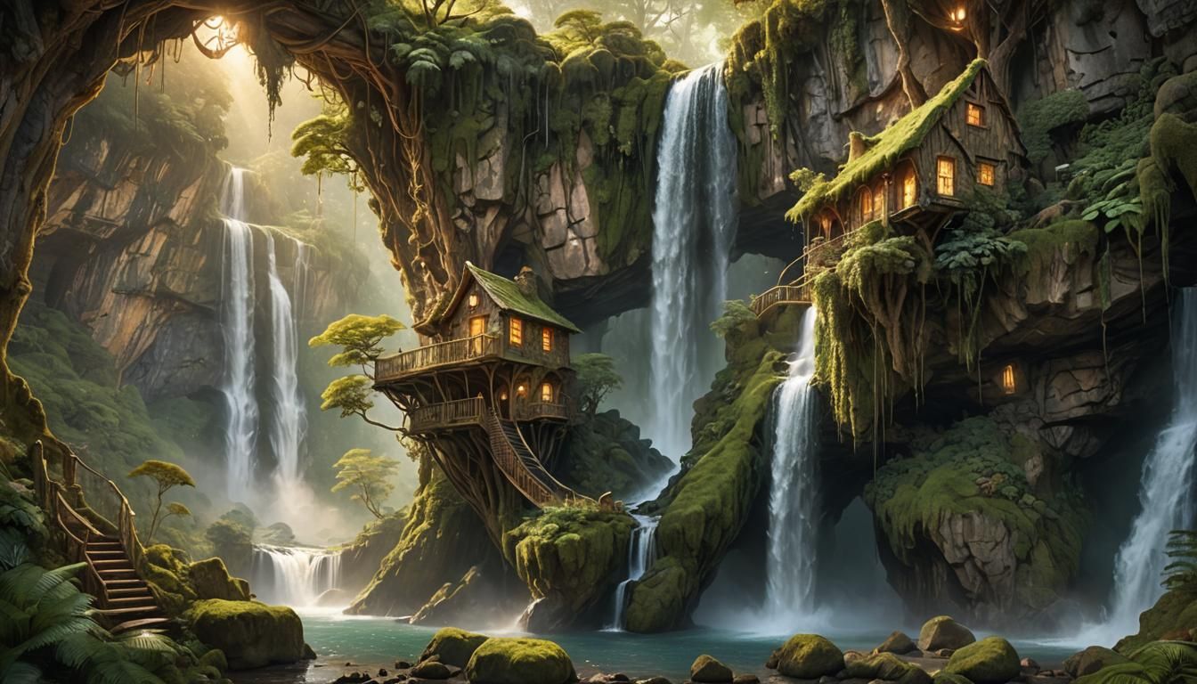 Dreamy Treehouse Retreat Behind Waterfall in Pastel Hues