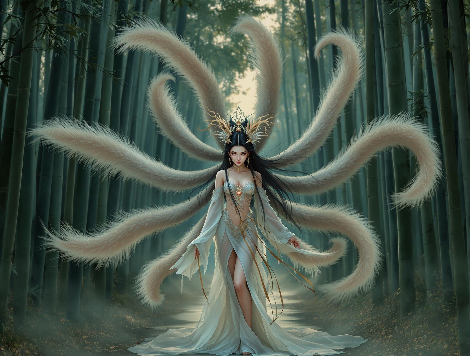 Realistic Mythical Nine-Tailed Gumiho in Bamboo Forest