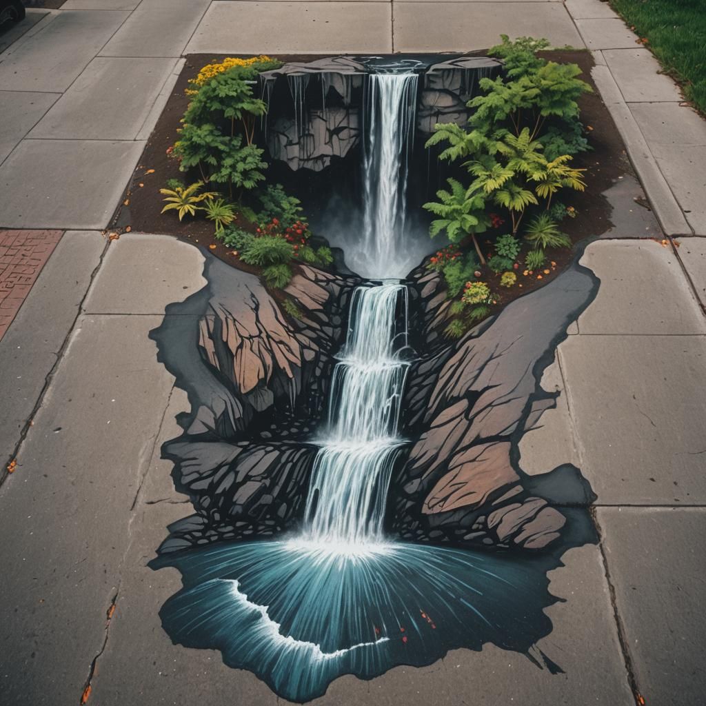 Sidewalk Chalk Art Waterfall in Cinematic Style