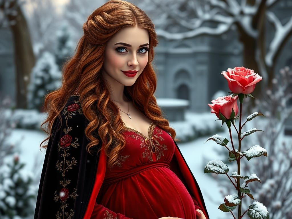 Regal Medieval Princess Admires Snow-Kissed Rose in Serene W...
