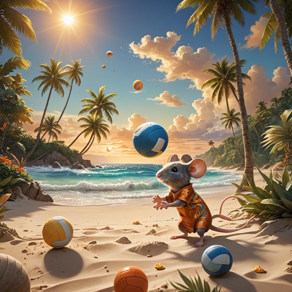 Mouse Playing Volleyball in Golden Light: Fantasy Art