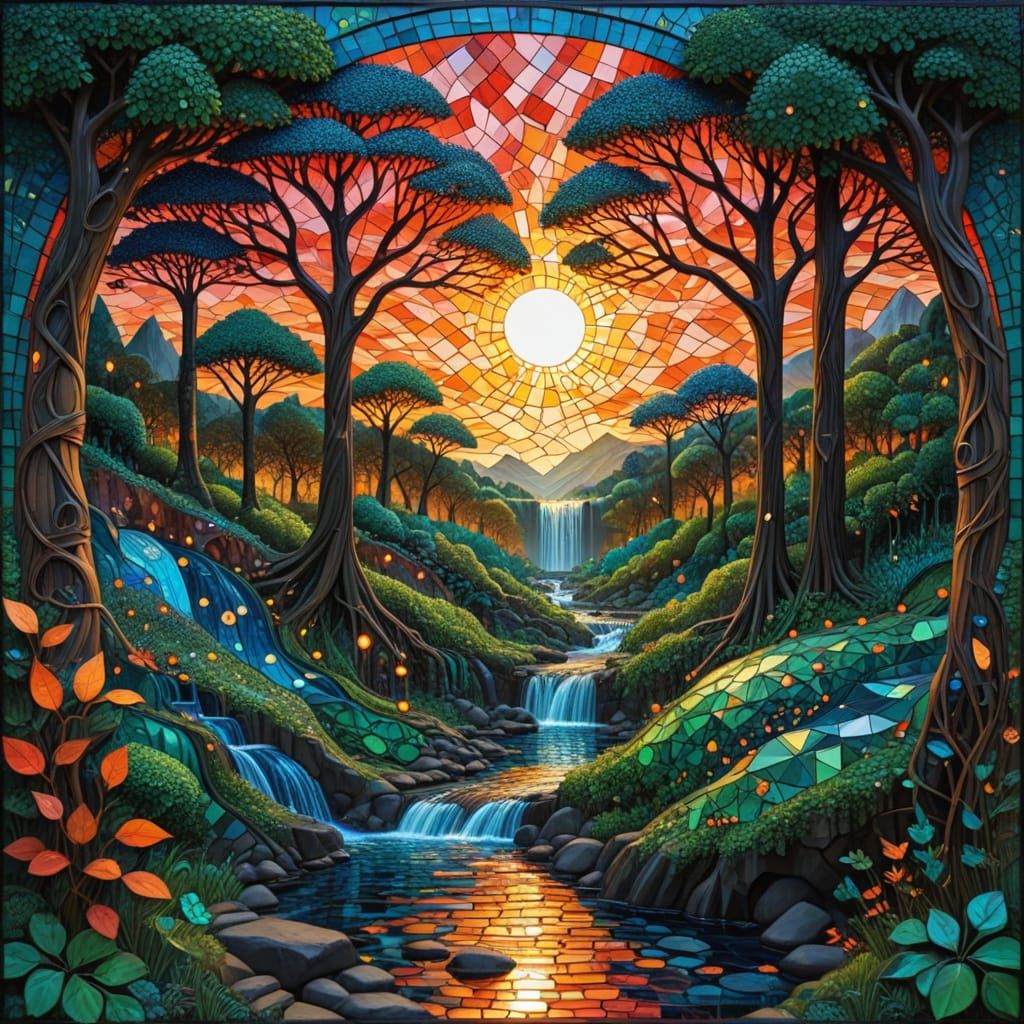 Geometric Waterfall Sunset in Mosaic Style