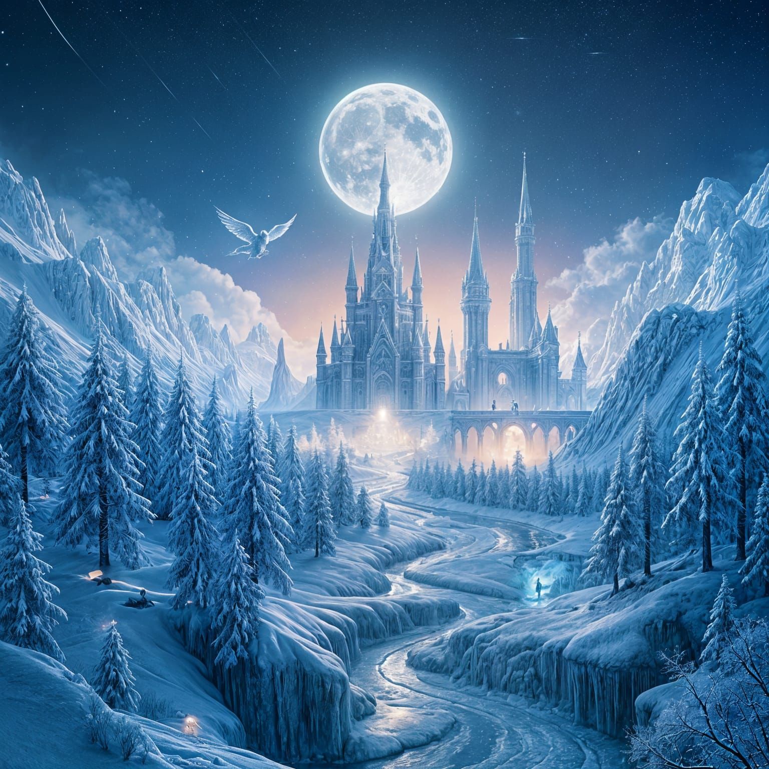 Enchanted Winter Kingdom under Ethereal Ice Moonlight