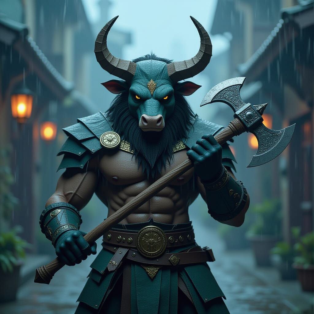 Origami Minotaur in Rain: Cinematic Fantasy Art