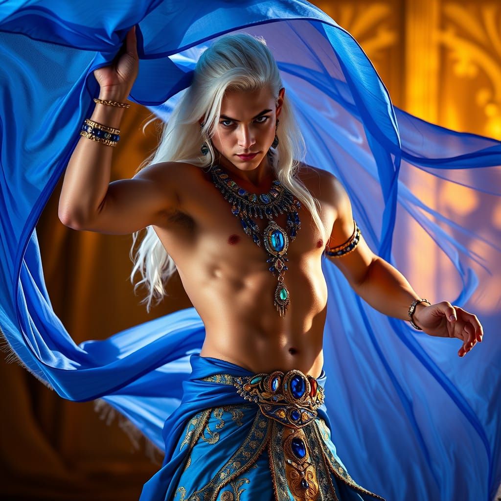 Athletic Blue Dancer in Golden Hued Opulence