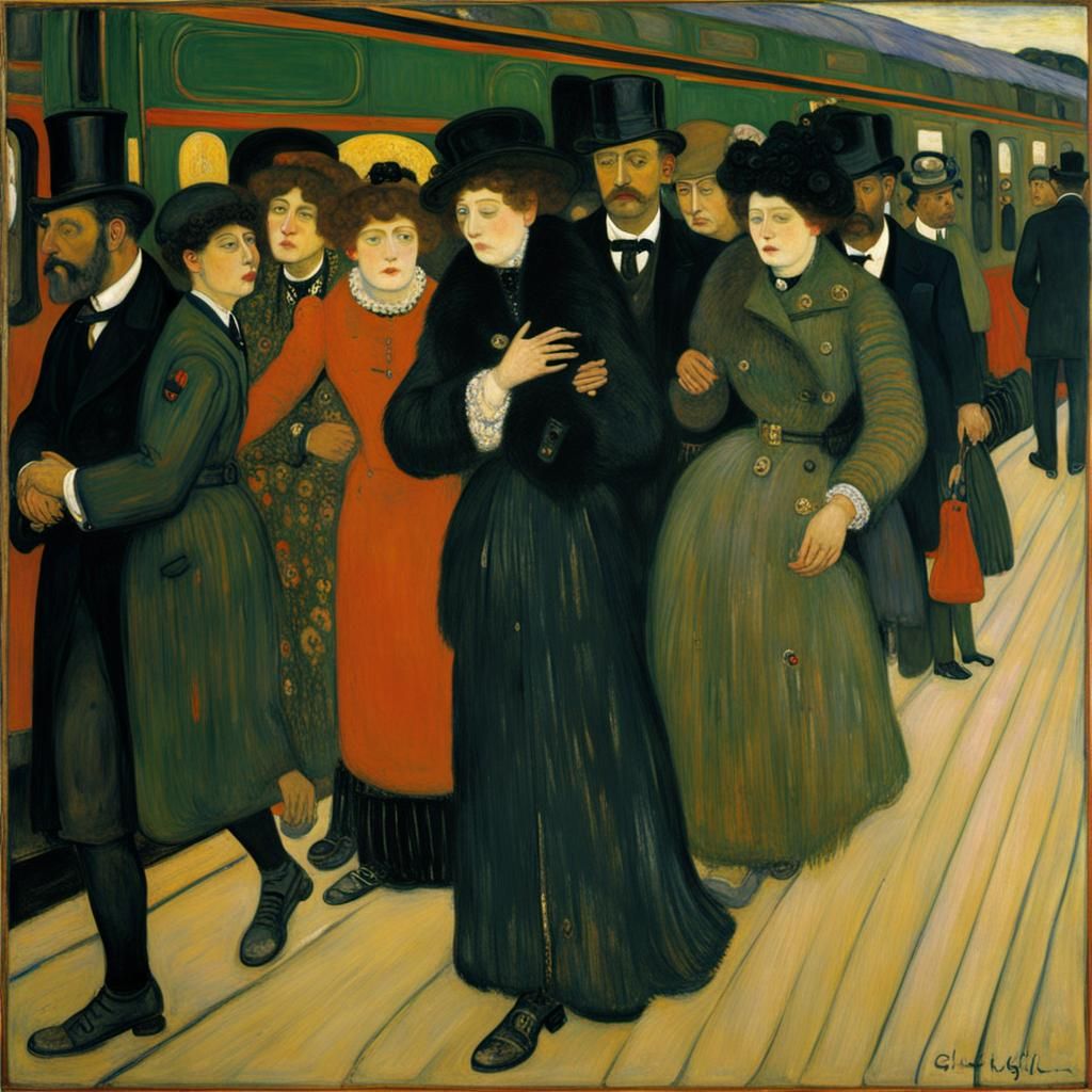Train Boarding in Art Nouveau Style
