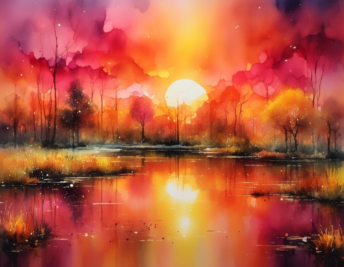 Magical Sunset Reflected in Pond as Abstract Art