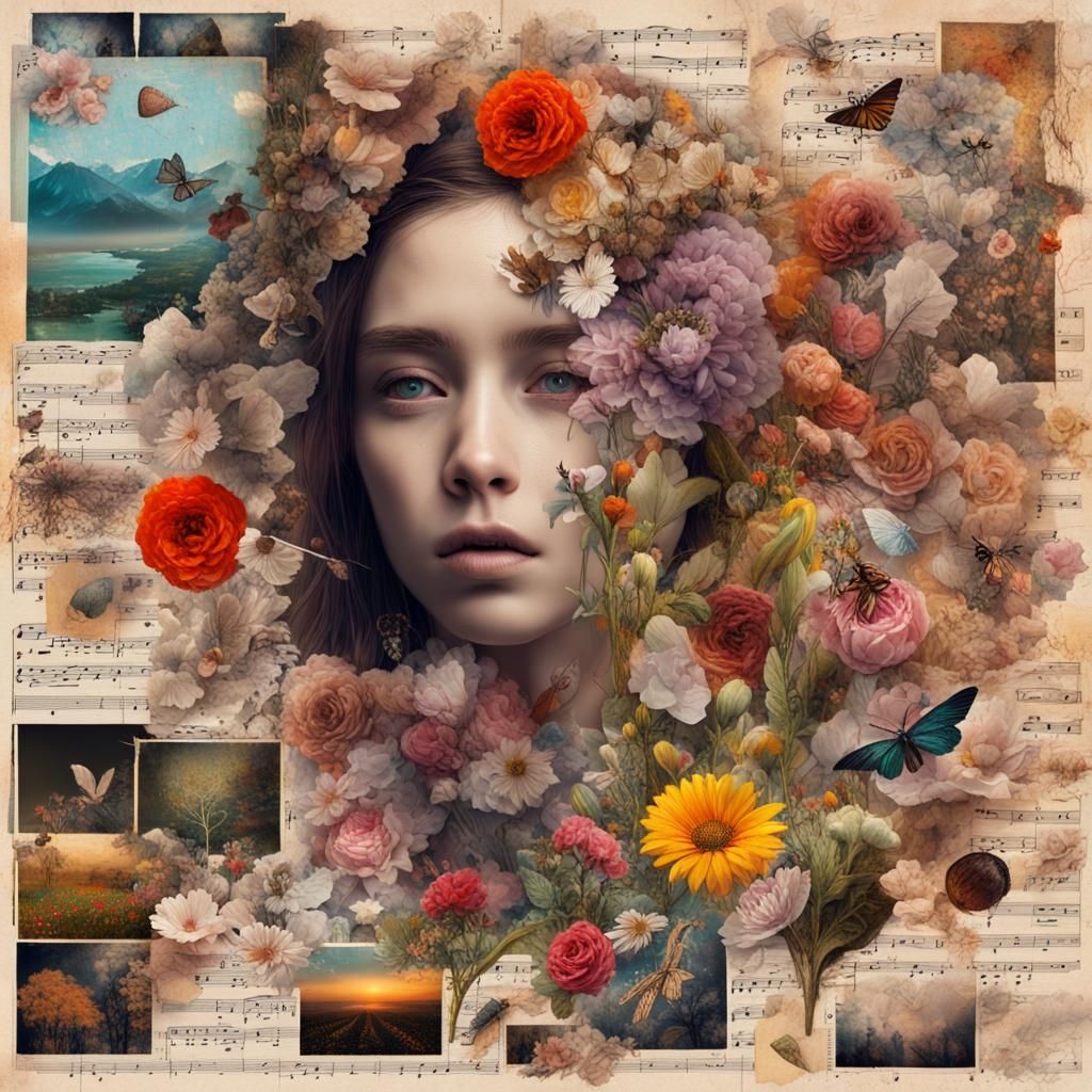 Chaotic Floral Collage with Stamps and Glitch Effects
