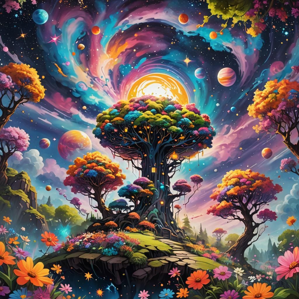 Cosmic Graffiti: Celestial Garden of Planets and Flowers