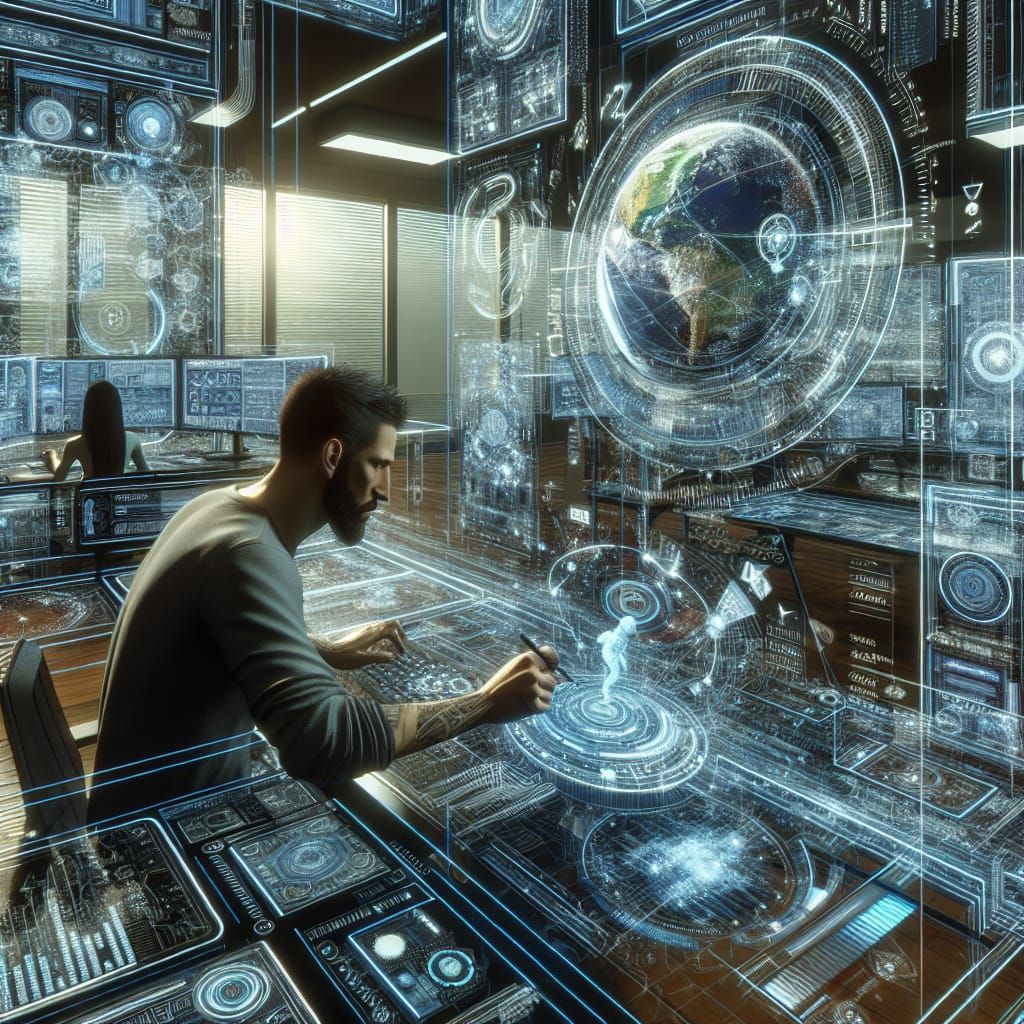 High-Tech Hacker Navigating Holographic Data Streams