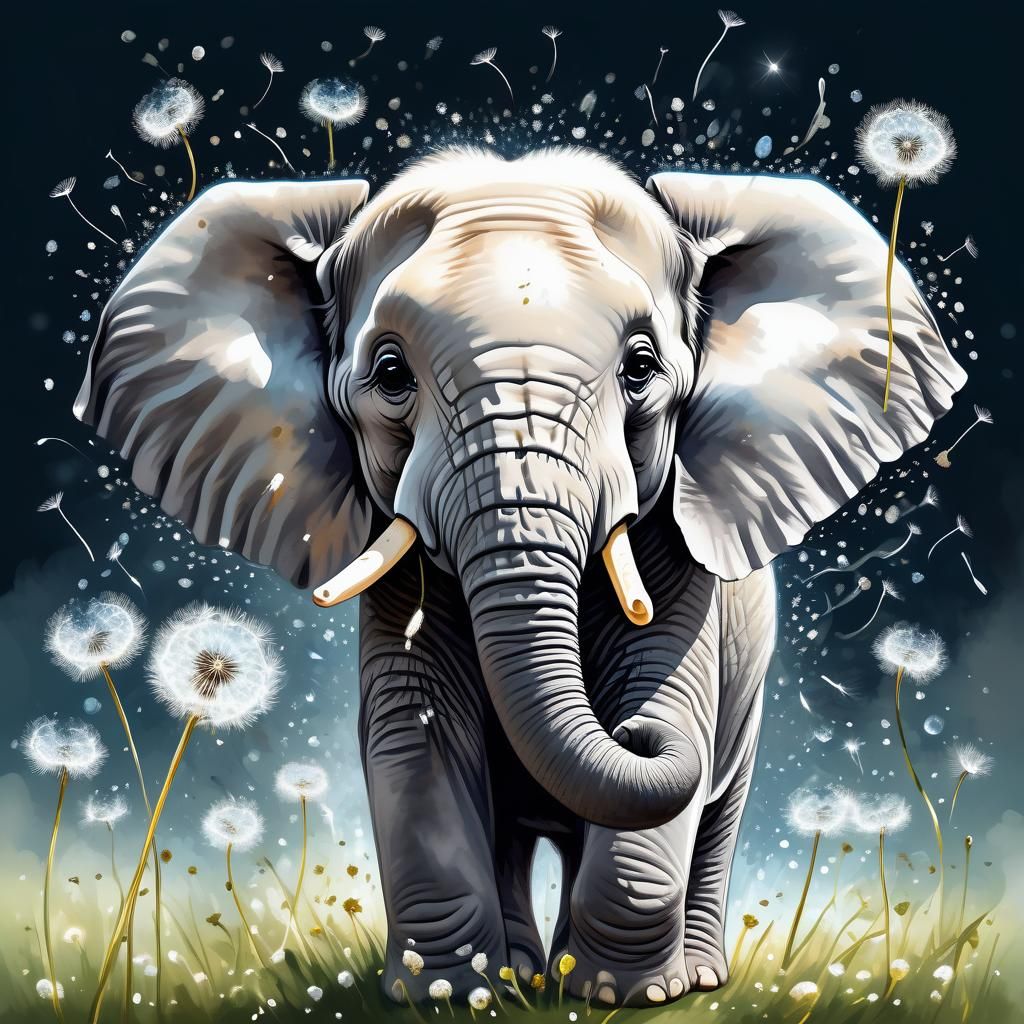 Tiny Elephant with Dandelion Seeds, Watercolor Art