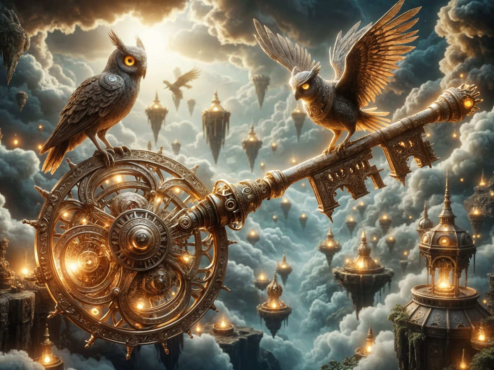 Clockwork Owl on Key in Steampunk Skies