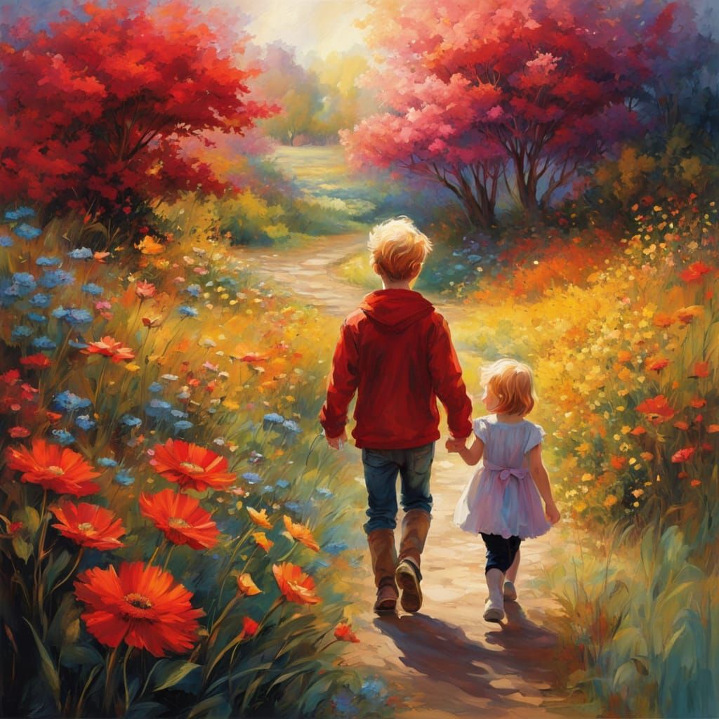 Futuristic Impressionist Scene of Siblings Among Wildflowers