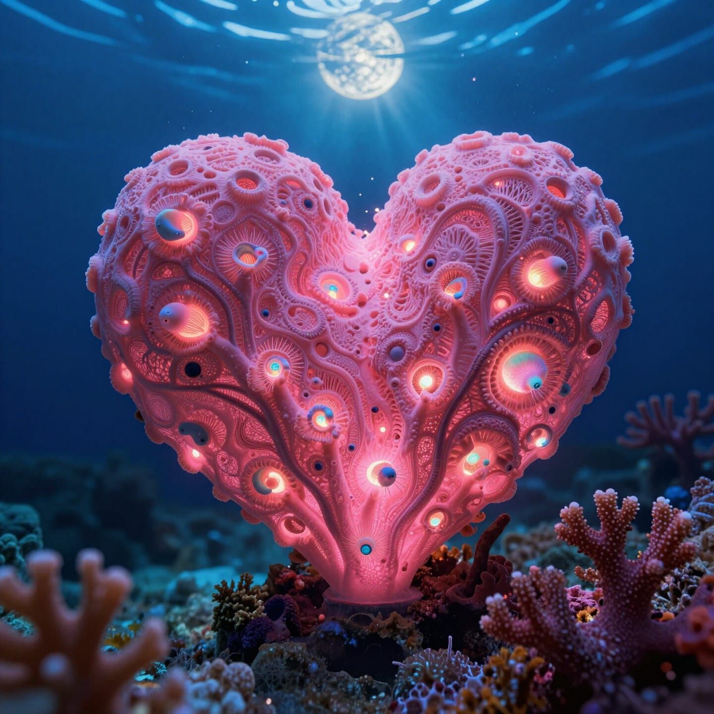 Bioluminescent Coral Reef Heart Glowing at Midnight