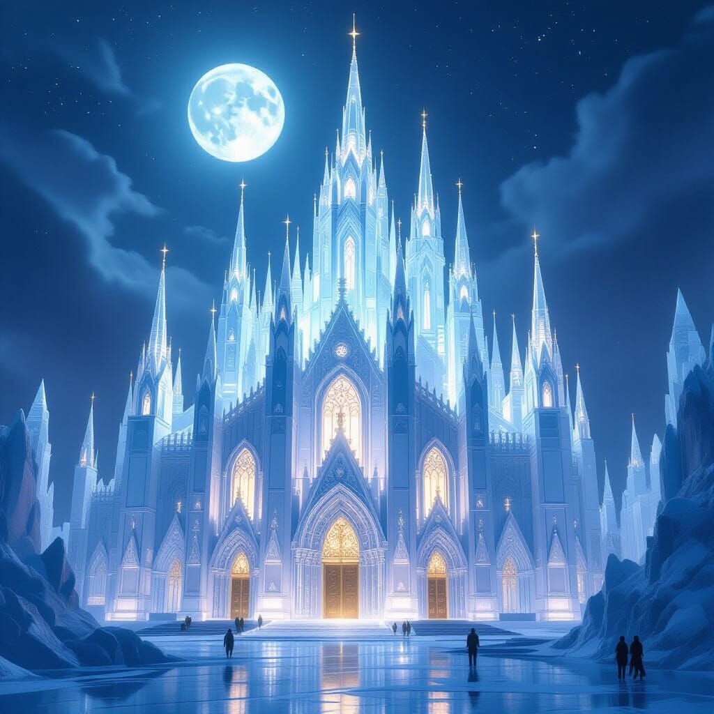 Crystal Ice Cathedral Under Moonlight, Futuristic Style