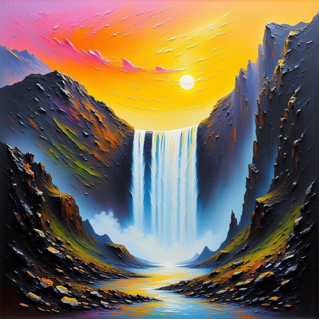 Impasto Sunset Waterfall Amidst Rocky Terrain