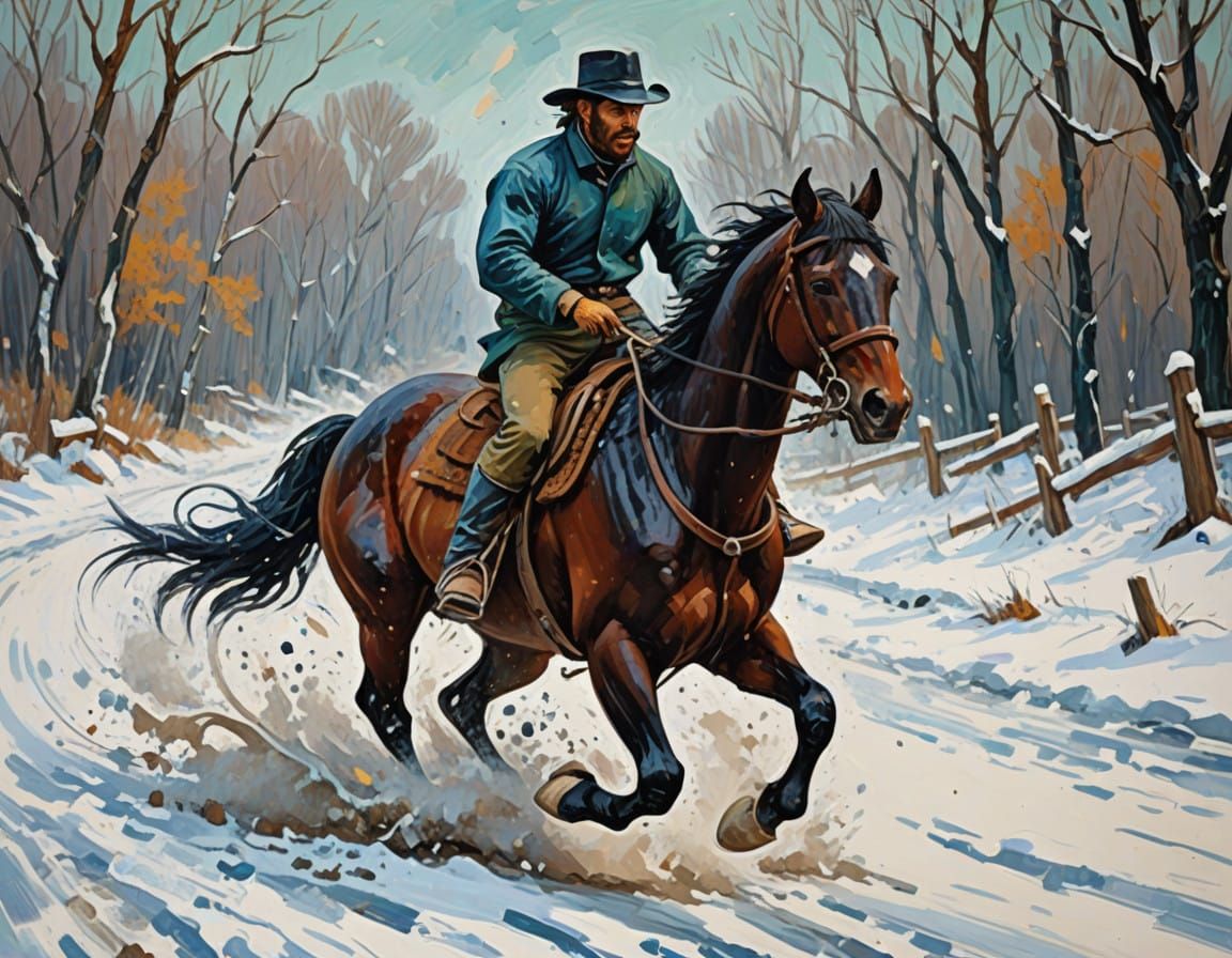 Daring Horseman Rides Across Winter Landscape in Vibrant Imp...