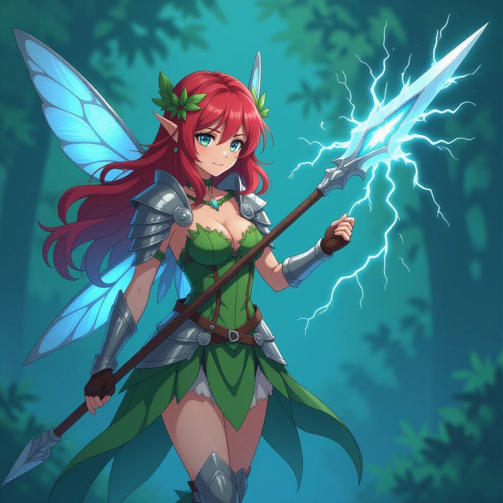Fairy Warrior with Lightning Spear in Anime Style