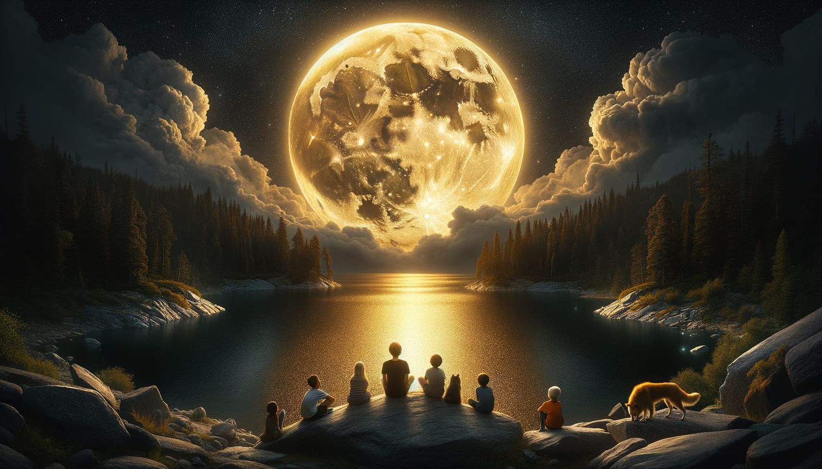 Children Watch Golden Moon Over Lake
