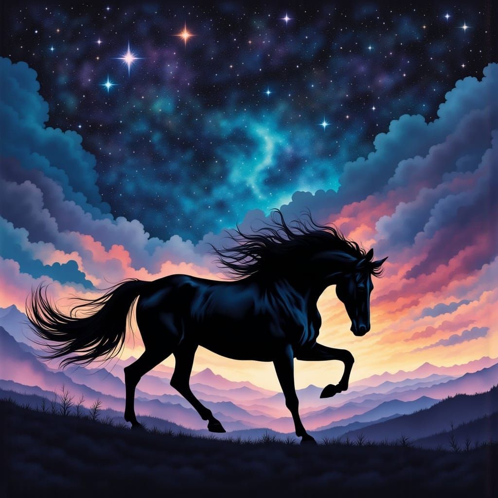 Majestic Black Horse Galloping in Dreamy Dusk Sky