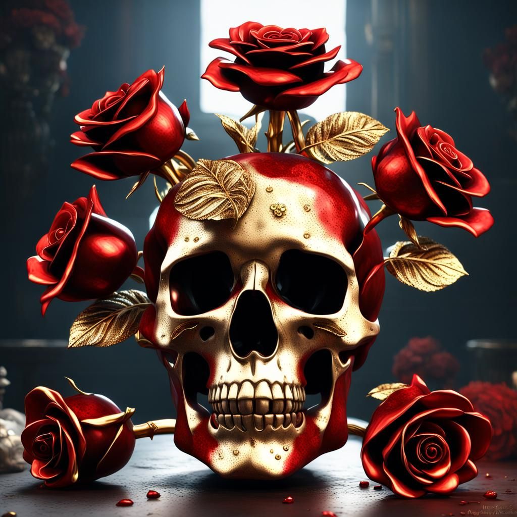 Jewel Encrusted Metal Roses in Skull Vase