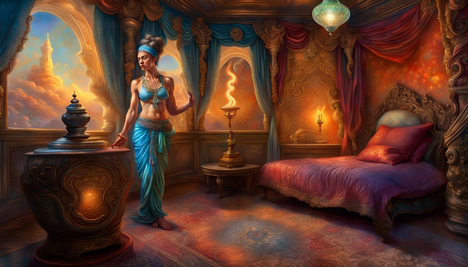 Genie in Ornate Room with Lamp, Photorealistic