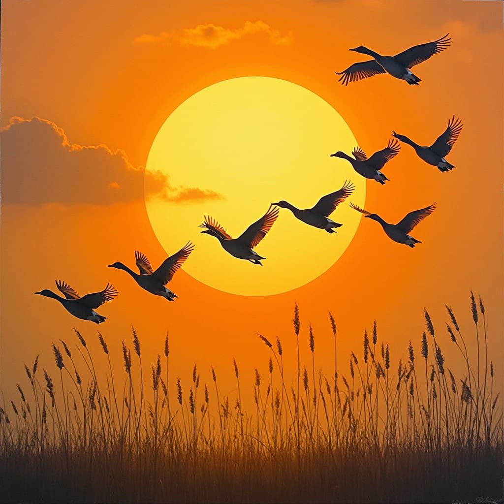 Geese in Flight Against Low Sun, in a Dramatic Landscape
