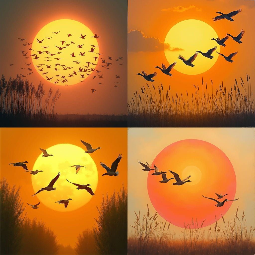 Geese in Flight Silhouetted Against a Massive Sun