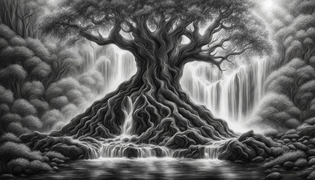 Ancient Tree by Magic Waterfall: Charcoal Fantasy Art