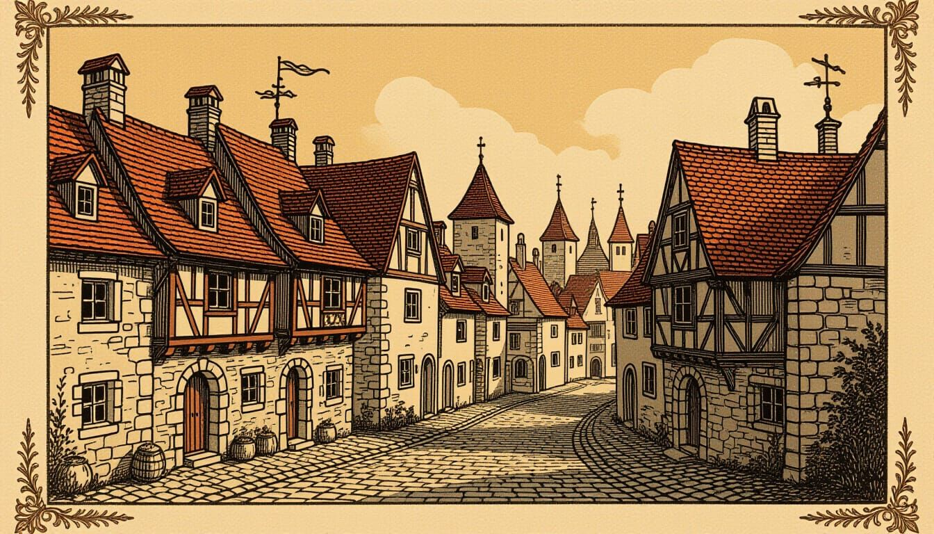 Medieval Townscape in Cooperplate Etching Style