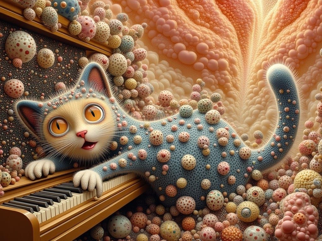 Euphoric Cat Composing Piano Melody as Dreamlike Illustratio...