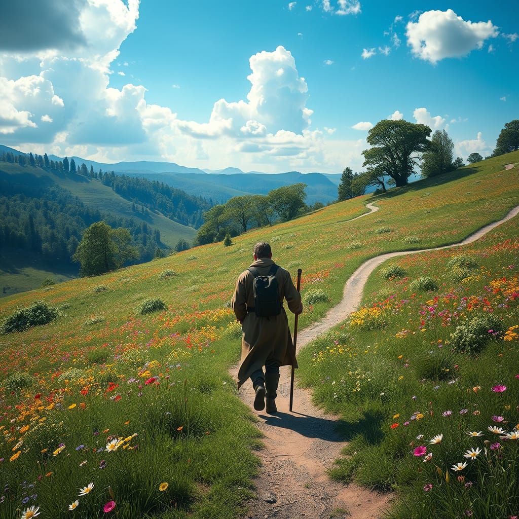 Ethereal Wanderer in a Lush, Vibrant Meadow