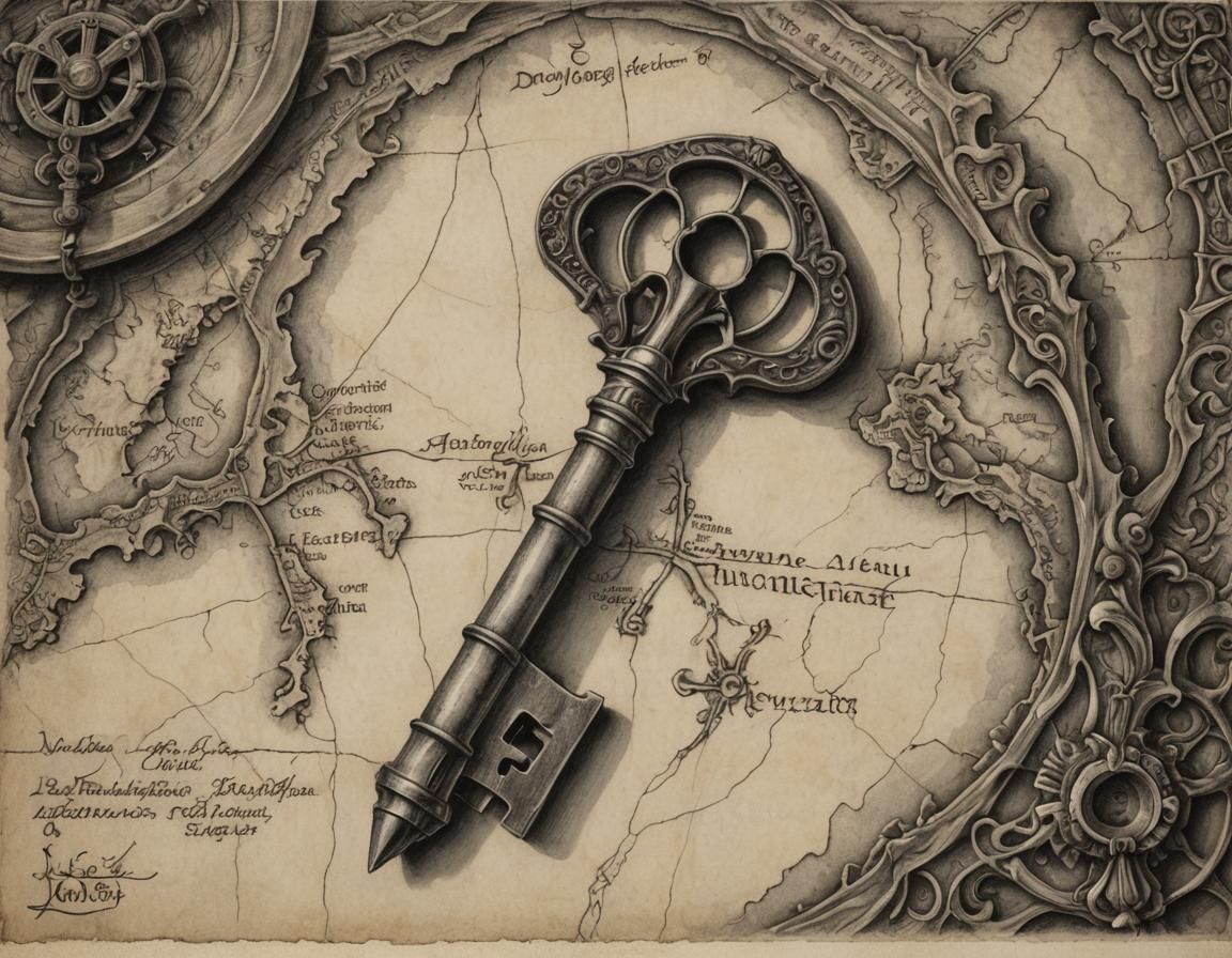 Ancient Iron Key Pencil Drawing in Renaissance Style