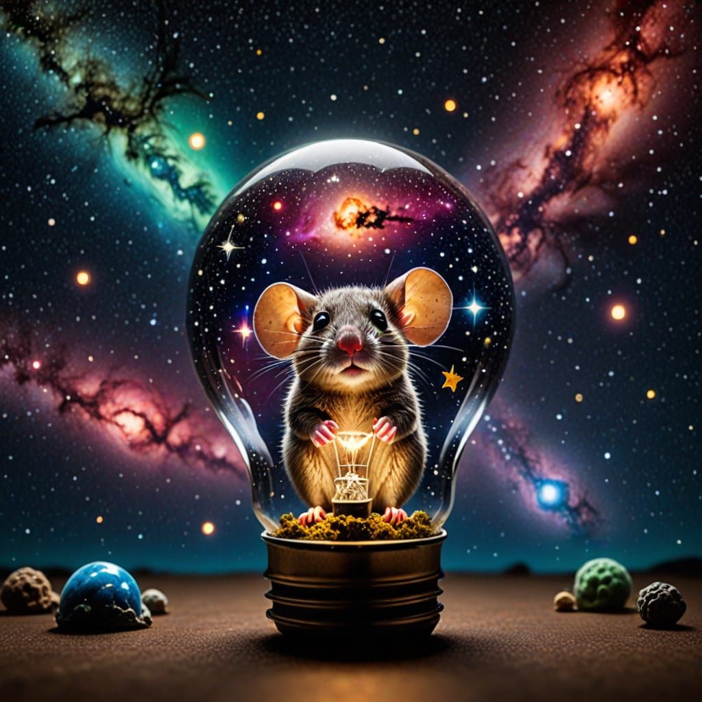 Hyperrealistic Mouse in Celestial Light Bulb Scene
