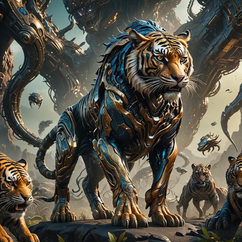 Metallic Alien-Tiger Fusion in Detailed Matte Painting