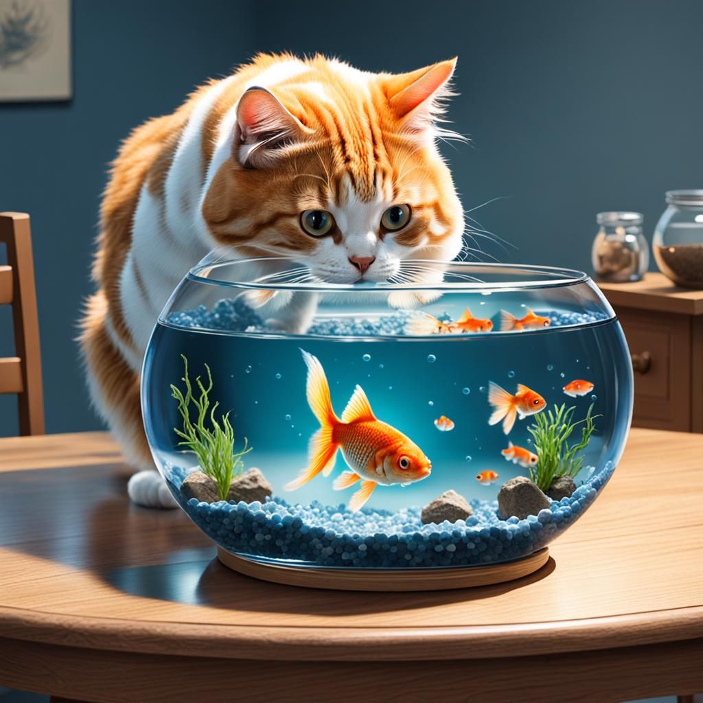 Grinning Cat Contemplates Goldfish