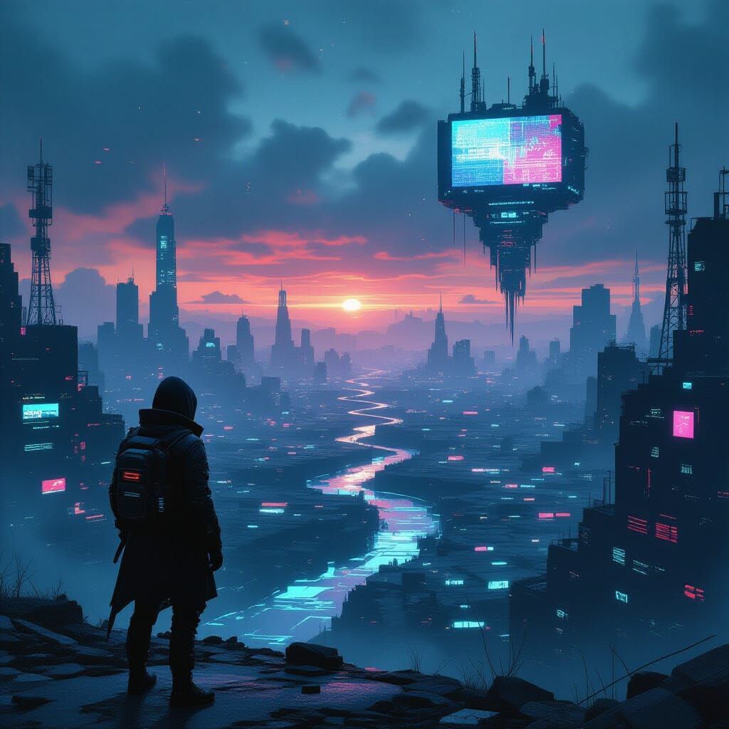 Cyberpunk Figure in Glitching Digital Wasteland